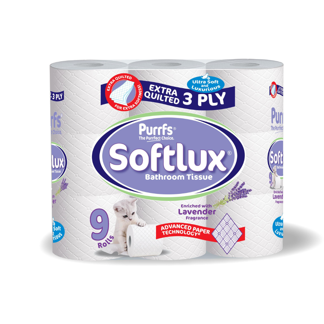 Purrffs Softlux Lavender Scented 3ply 9 Pack Toilet Rolls - Premium Quality Tissue Online - Product Image Purrffs Softlux Lavender Scented 3ply 9 Pack Toilet Rolls - Premium Quality Tissue Online - Product Image